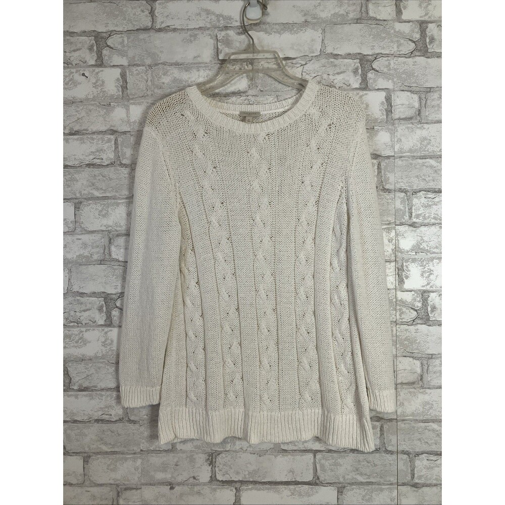Talbots Cable Knit Sweater  Soft White Size M Crew Neck Preppy Cotton (?) EUC